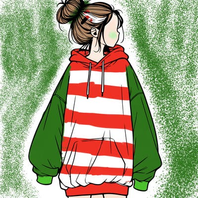 realistic girl with a oversized sweatshirt on and a bun