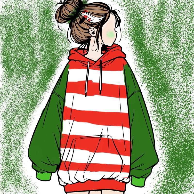 realistic girl with a oversized sweatshirt on and a bun