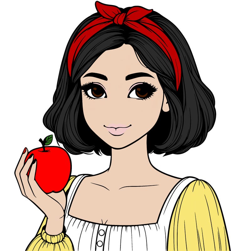 a woman with medium short hair, wearing a headband with a small bow, carrying an apple in her hand, realistic