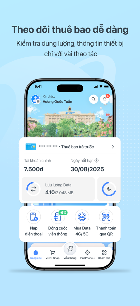 My VNPT - My VNPT app dashboard showing account balance data usage and mobile management options