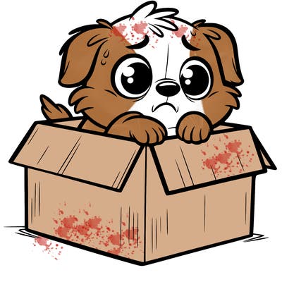 a little dog who is really scared in a box