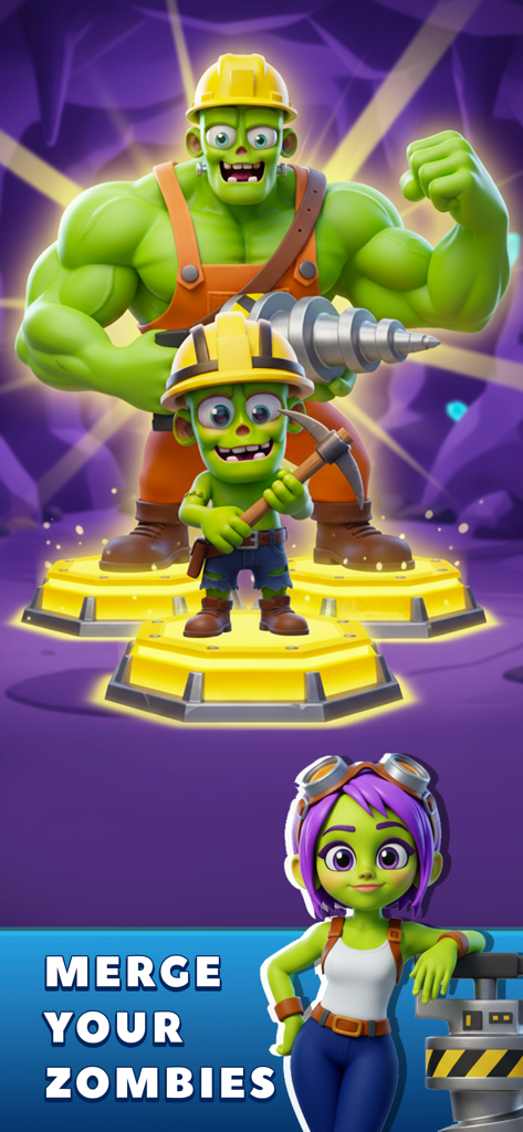 Cartoon zombie miners on gold pedestals with the text Merge Your Zombies