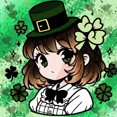 a manga-style girl with clovers around her, a little hat in her hair, like it's saint patrick's day