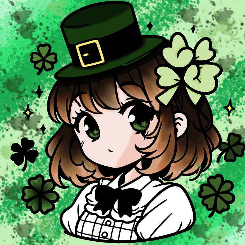 a manga-style girl with clovers around her, a little hat in her hair, like it's saint patrick's day