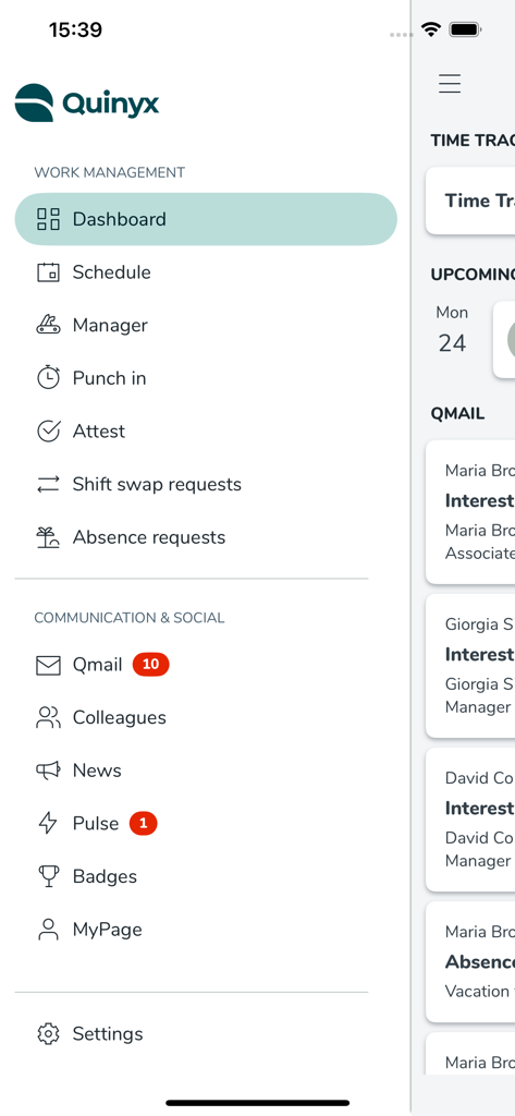 Navigation side menu of the Quinyx Mobile app showing work management and communication features