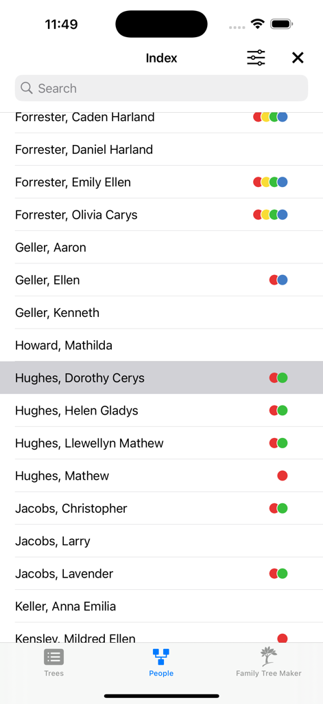 Alphabetical index of individuals in the Family Tree Maker Connect app with color coded status markers
