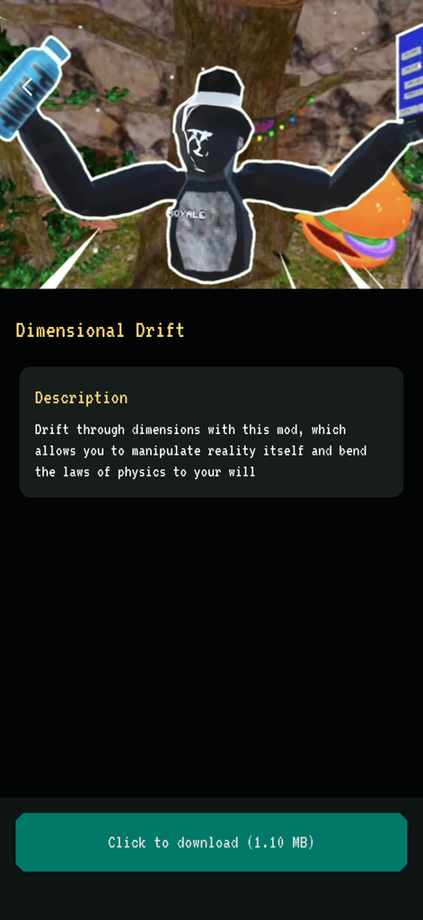 Eine Beschreibungsseite für den Dimensional Drift Mod in der Gtag Mods für Gorilla Tag App mit einem Gorilla-Charakter und einem Download-Button.