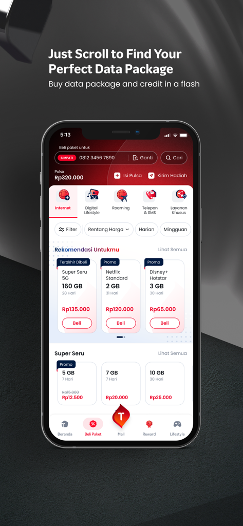 MyTelkomsel app dashboard for buying mobile data and roaming packages.