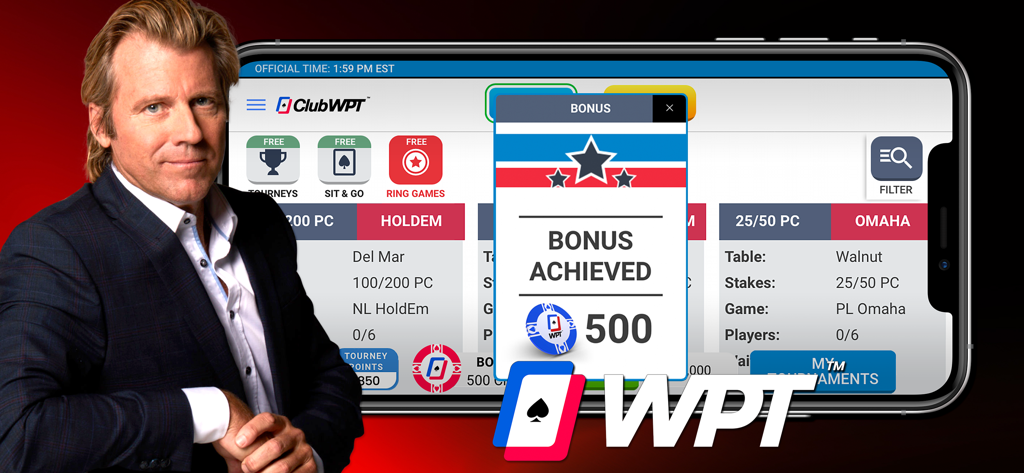 ClubWPT: Poker, Casino - A mobile phone displaying the ClubWPT poker app interface with a five hundred chip bonus achievement pop up