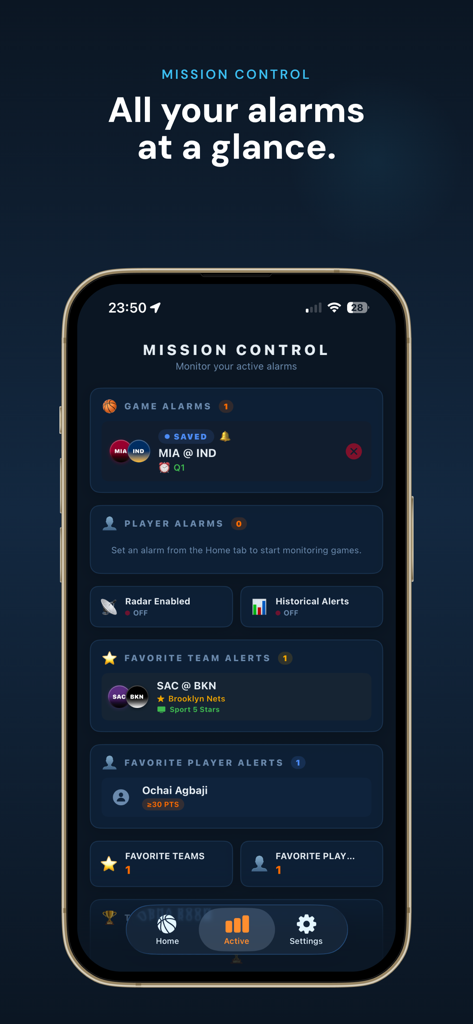 Clutch Alarm - Interface of the Clutch Alarm app showing the Mission Control screen with active NBA game and player alerts