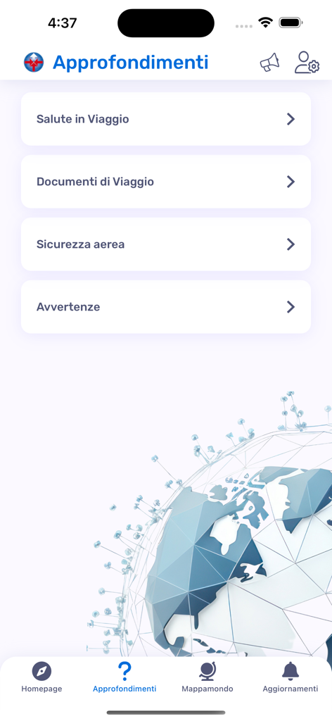 渡航インサイトと安全ドキュメントのオプションが表示された、Viaggiare Sicuriアプリのインターフェース