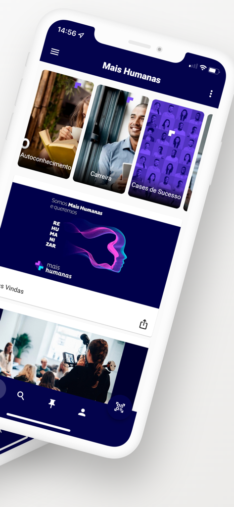 Tableau de bord de l'application Mais Humanas présentant des catégories de développement professionnel pour la croissance de carrière et le leadership.