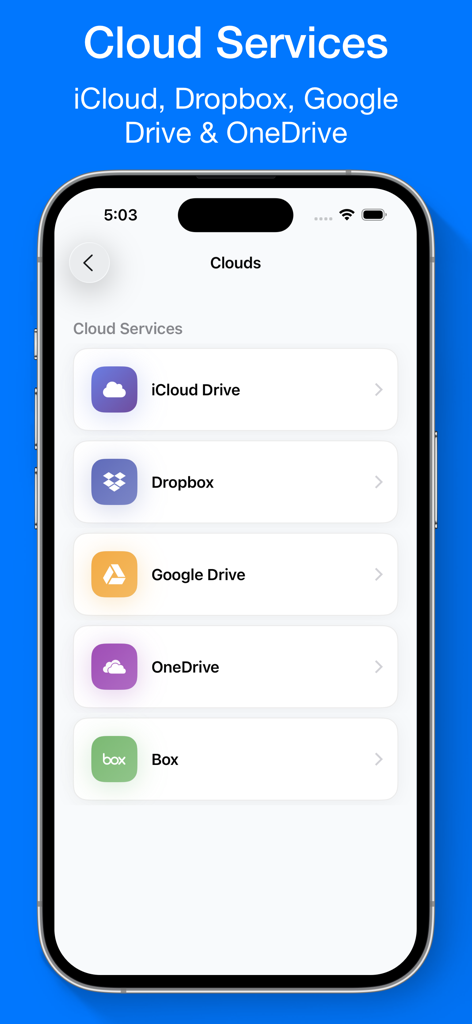 Pantalla de la aplicación iFiles que muestra opciones de almacenamiento en la nube para iCloud, Dropbox, Google Drive y OneDrive.
