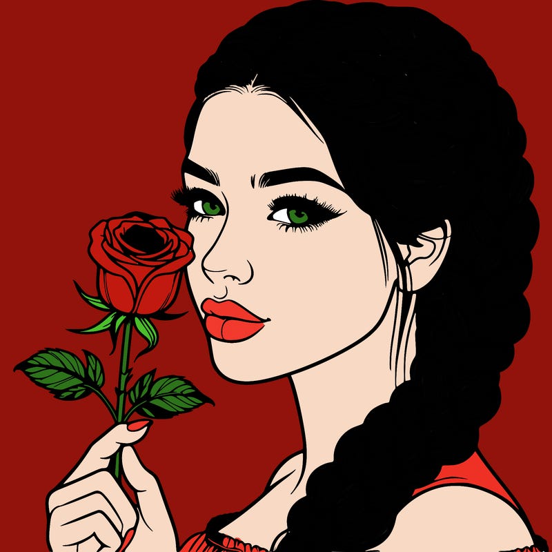 realistic woman with braids holding a single rose
