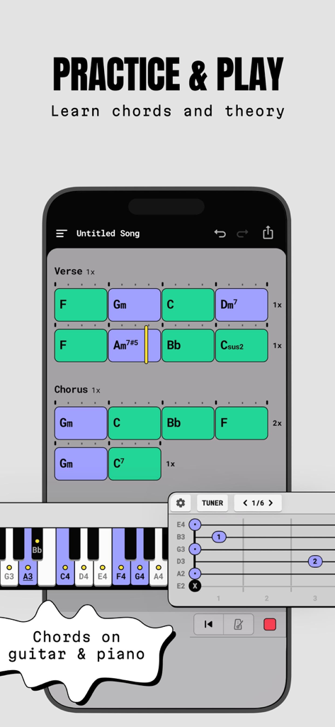 ChordButter: Easy Songwriting - ChordButter app screenshot showing a block-based song structure for verse and chorus with piano keyboard and guitar fretboard diagrams.