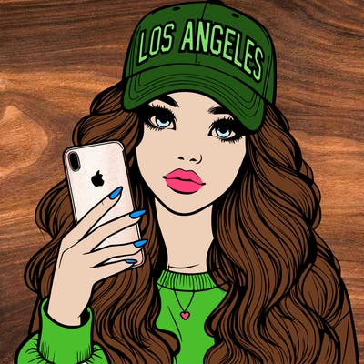 realistic beautiful girl wearing los ángeles cap holding an iphone