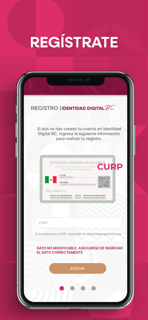 Identidad Digital BC - Registration screen for Identidad Digital BC app requesting user CURP