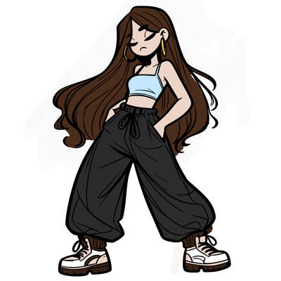 girl in baggy pants crop top and long hair