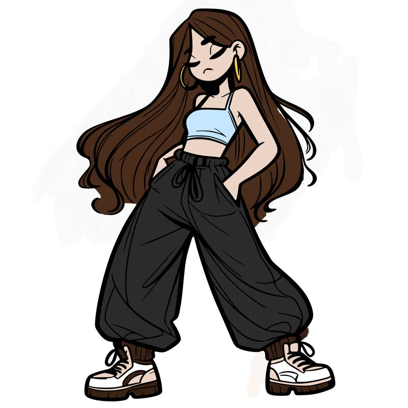 girl in baggy pants crop top and long hair