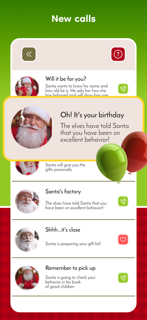 Santa Video Call – Fake Chat - A list of personalized call scenarios from Santa Claus including birthday and behavior themes.
