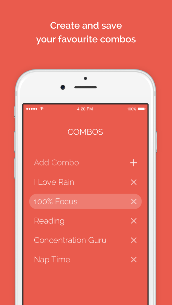 Noisli - Noisli app interface showing a list of saved ambient sound combinations for focus and relaxation on a minimalist red background