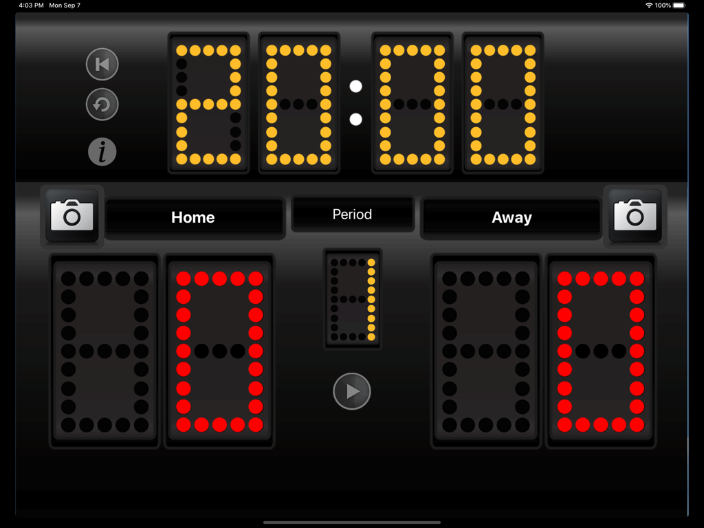 JD Sports Scoreboard - A digital LED sports scoreboard on an iPad showing a 20 minute timer and team scores