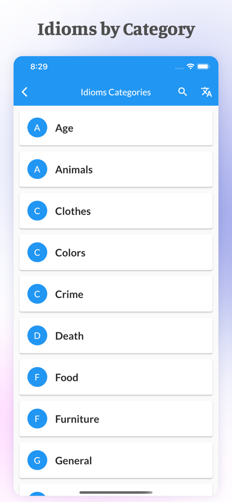Best English Idioms & Phrases - Mobile App-Bildschirm mit einer Liste von englischen Redewendungs-Kategorien, einschließlich Alter, Tieren und Essen