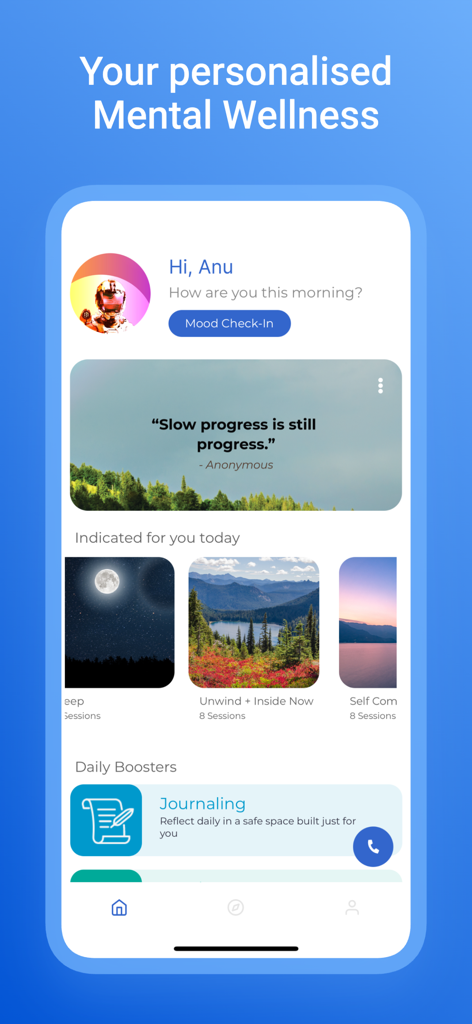 MindPlus - MindPlus app home screen showing personalized mental wellness tools including a mood check-in and daily journaling feature