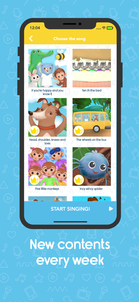 Happyla.la - Interface of the Happyla.la app showing a library of children's nursery rhymes to choose for karaoke.