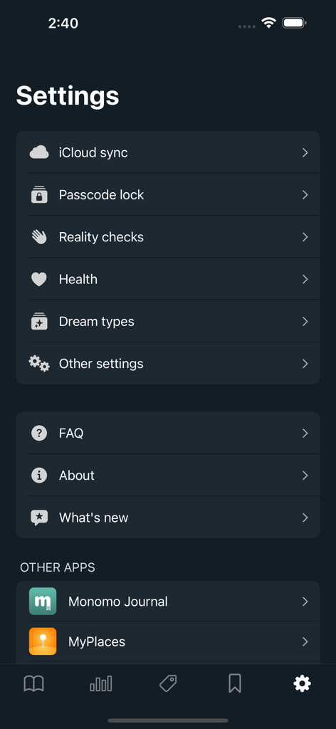 Dreams: Your dream journal - La pantalla de configuración de la aplicación de diario de sueños Dreams que muestra funciones como sincronización de iCloud, bloqueo con código y comprobaciones de realidad