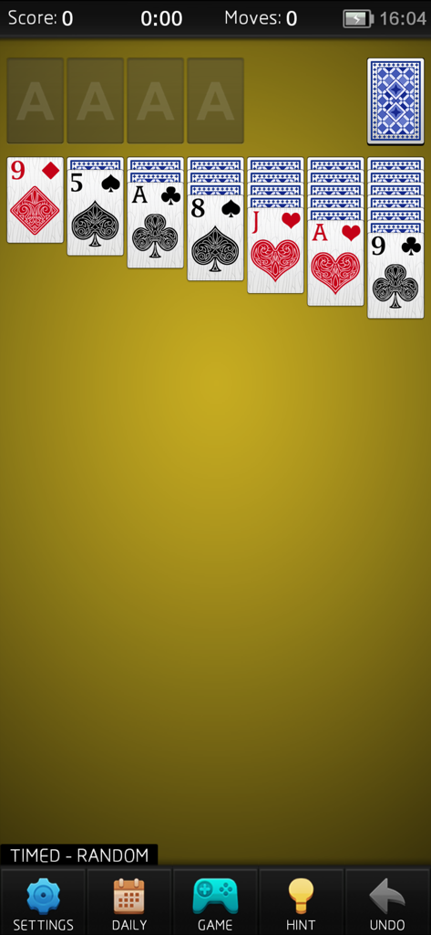 Gameplay screen of a classic solitaire card game featuring a traditional layout and bottom navigation menu