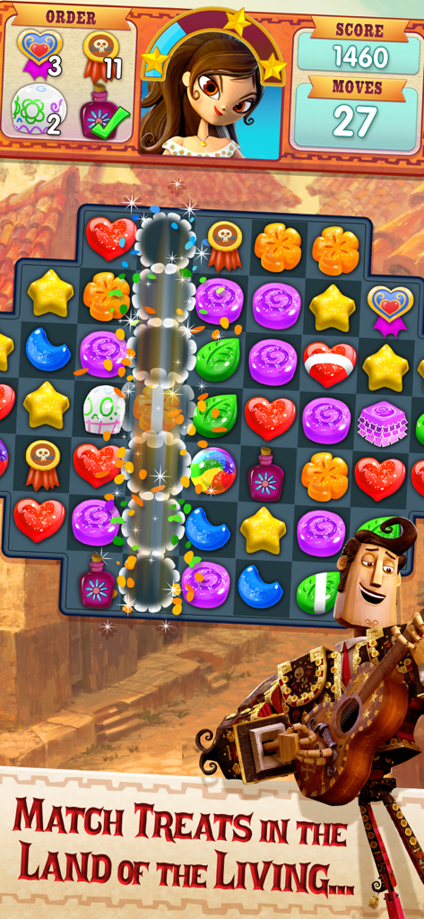 Sugar Smash Match 3 puzzle board showing colorful candies and characters from The Book of Life