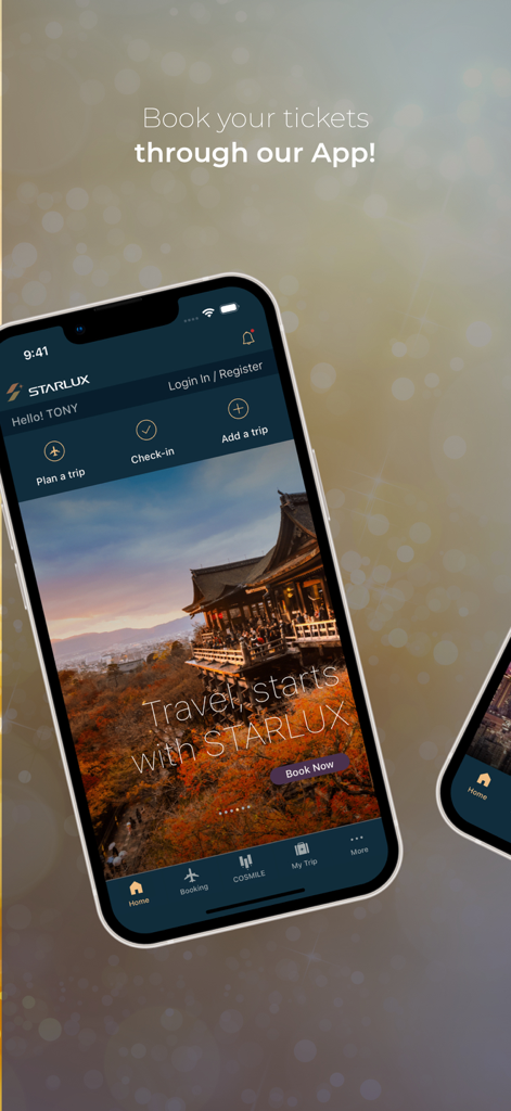 Um smartphone exibindo a tela inicial do aplicativo STARLUX Airlines com opções de reserva de viagens e check-in.