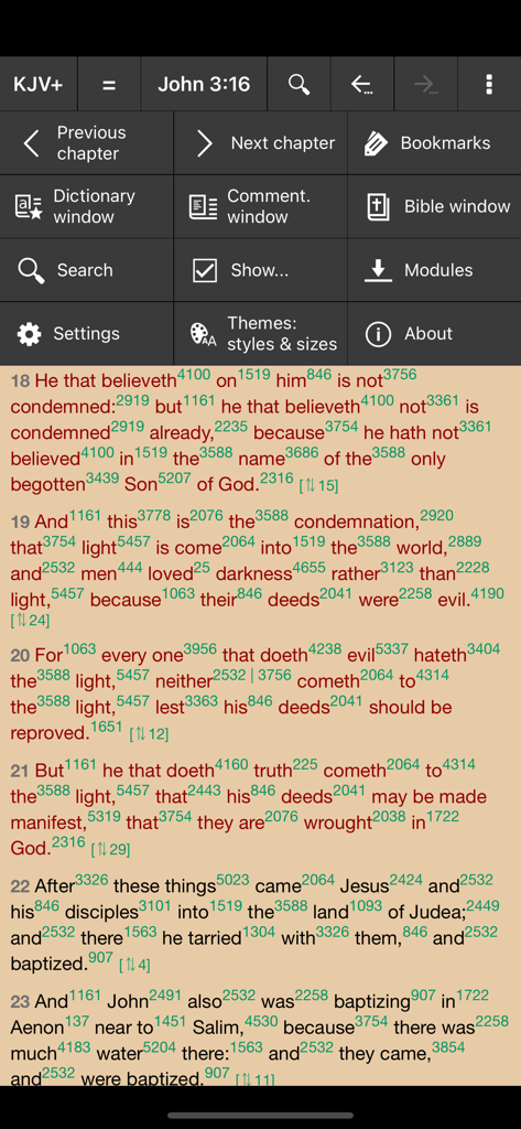MyBible - Screenshot of the MyBible app showing scripture from John 3 with Strongs numbers and the study navigation menu