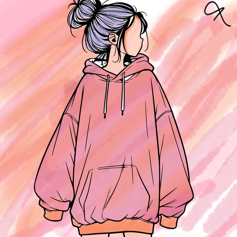 realistic girl with a oversized sweatshirt on and a bun