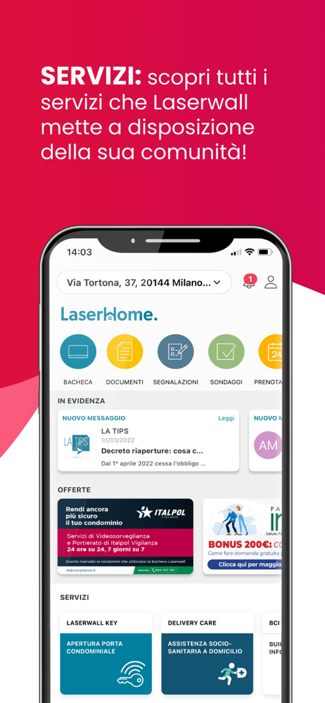 Laserwall - Laserwall app interface showing the home dashboard with building notices, documents, and local services like digital keys and delivery care.