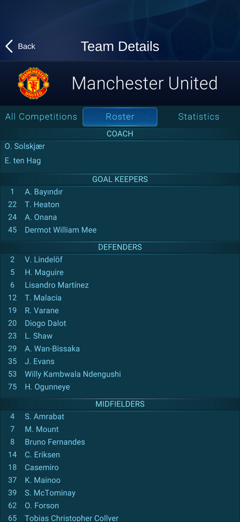 360 Live Scores - Effectif détaillé de Manchester United sur l'application de football 360 Live Scores