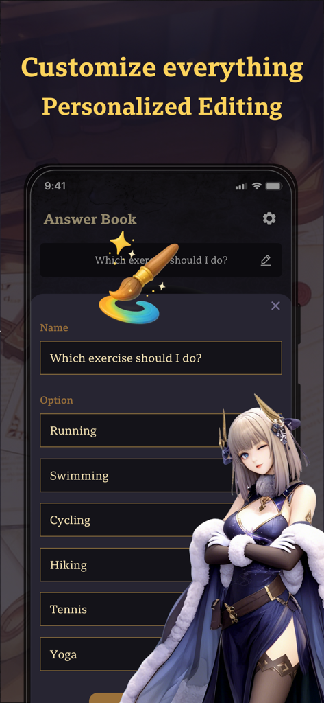 Interfaz de la aplicación móvil para Ask Book que muestra edición personalizada y personalización de preguntas con un personaje de anime.