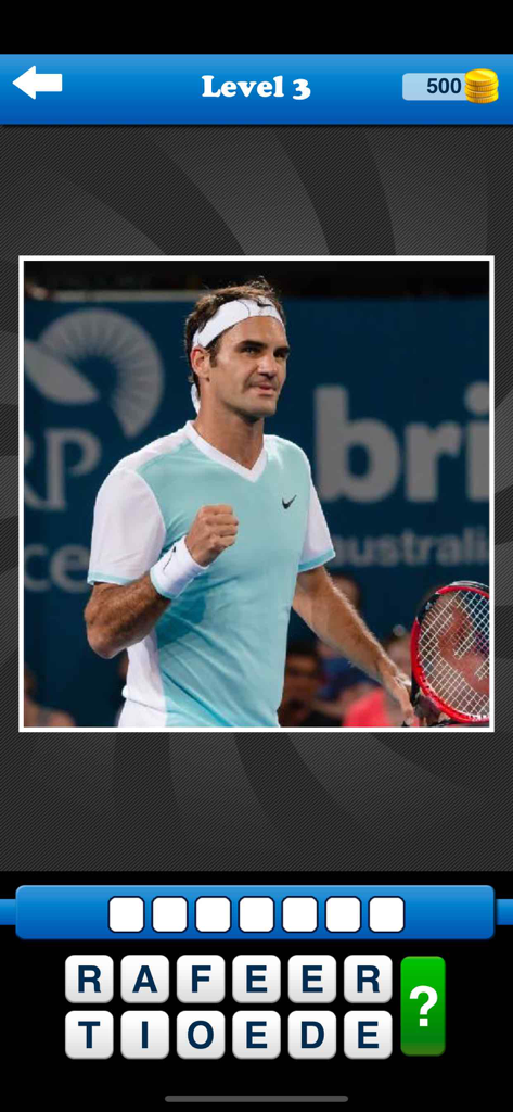 Whos the Player? Tennis Quiz! - Level 3 of the tennis quiz game featuring a photo of Roger Federer and a letter grid to guess his name