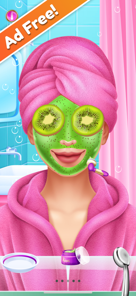 Makeover Games: Makeup & Spa - Eine Figur mit grüner Gesichtsmaske und Kiwi-Scheiben auf den Augen in einem rosa Bademantel während einer Spa-Sitzung.