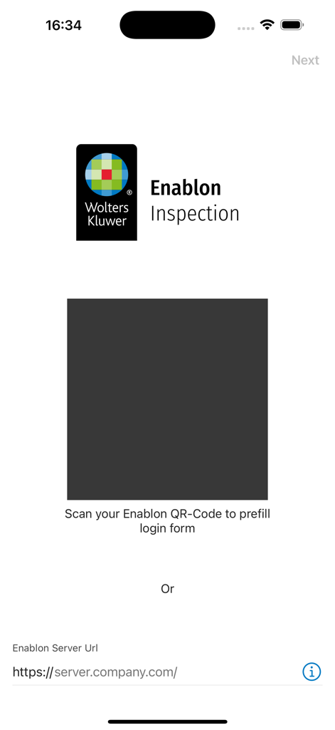 Enablon Inspection - Écran de configuration de l'application Inspection Enablon avec options de numérisation de code QR et de connexion à l'URL du serveur.