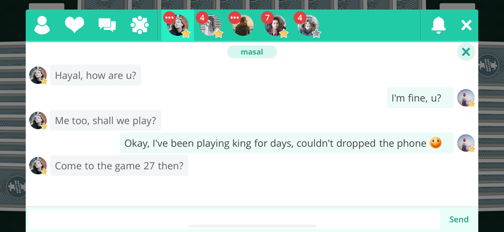 In-game chat screen of King and Rifki showing messages between players about starting a card game.