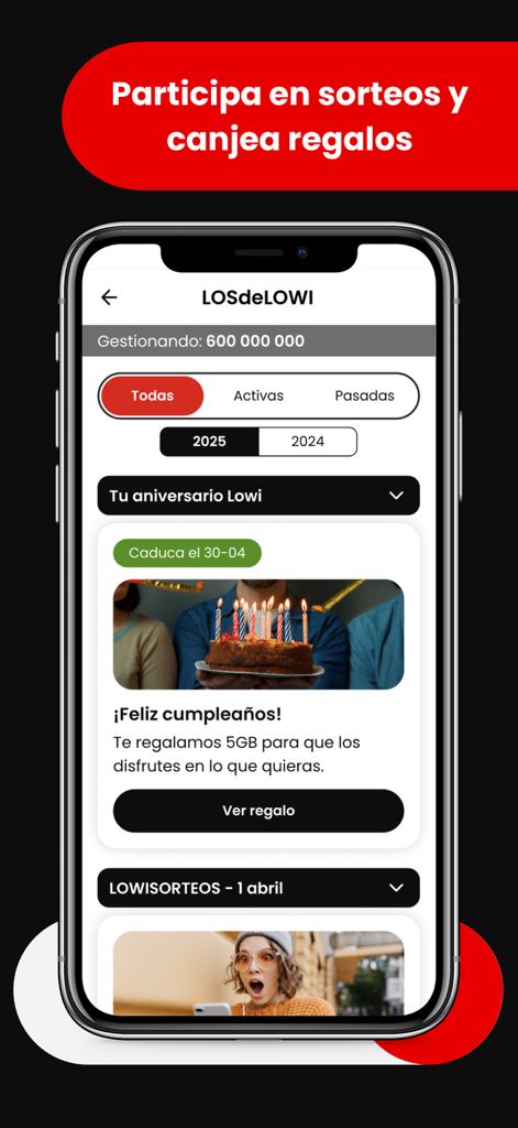 Mi Lowi - Mi Lowi app screen displaying the loyalty program section with a birthday gift of 5GB and information on monthly sweepstakes
