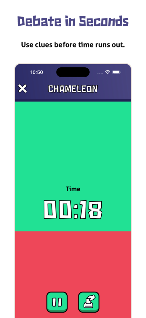 Gameplay screen of the Chameleon imposter game showing a countdown timer for debating clues.