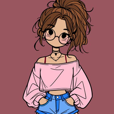 girl with a messy ponytail glasses a baggy crop top and jean shorts