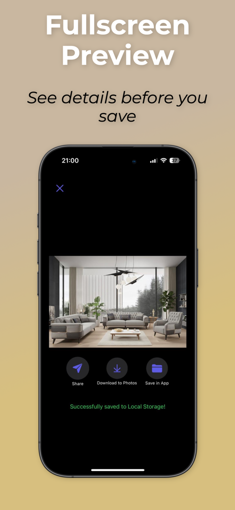 Remodel AI: Room Planner - Interface de aplicativo móvel mostrando uma prévia em tela cheia de uma sala de estar reimaginada por IA com opções para compartilhar e salvar.