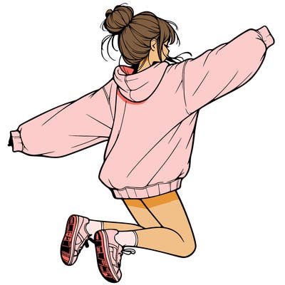 realistic girl jumping with a bun and oversized sweatshirt