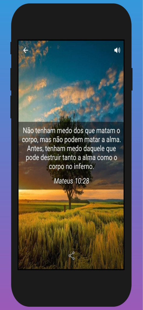 Bible meditation app screen showing a scriptural verse over a sunset landscape with a tree and field.
