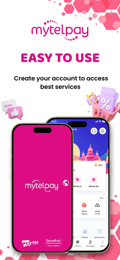 A promotional graphic for MytelPay V2 showing the app interface on a smartphone with text highlighting easy account creation and access to financial services.