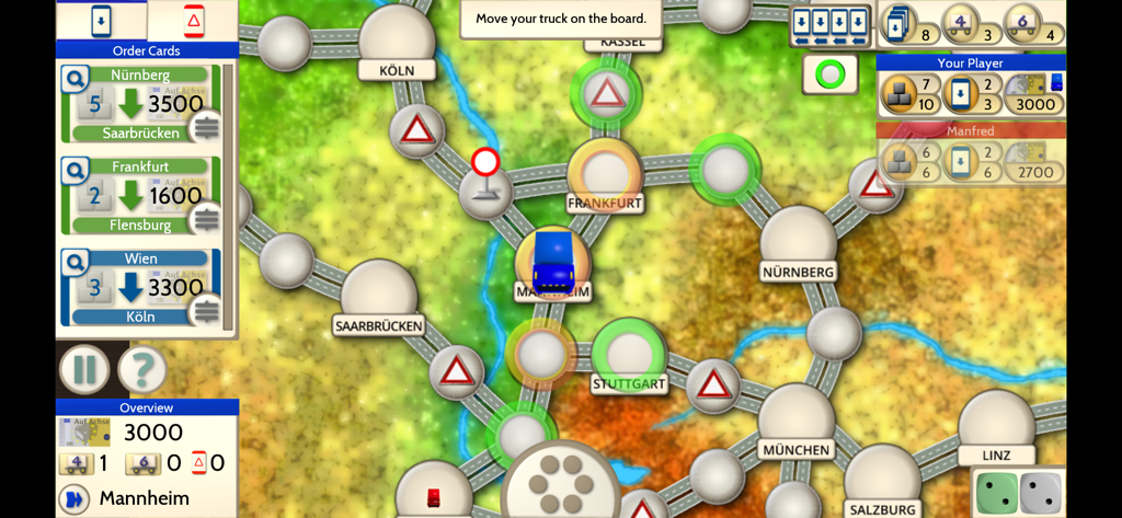 Auf Achse Board Game - Gameplay screenshot of Auf Achse board game showing truck route planning on a map of Germany.